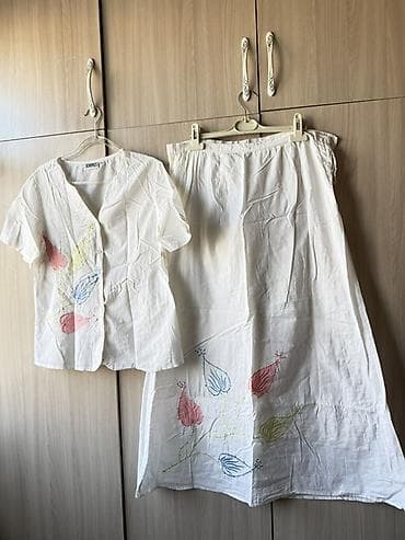 одежда платья: Комплект из натуральной ткани: блуза и длинная юбка белого цвета с — 1