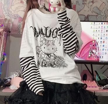 Жеке буюмдар: Футболка оверсайз с принтом Hello Kitty в панк-эстетике - Цвет: белый — 1