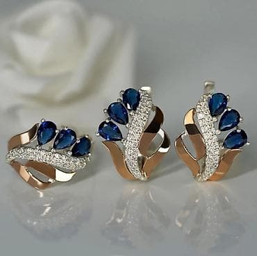 Серебро 925 напыление золото Серебряный комплект с камнями сапфир