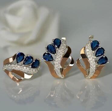 набор пандора: Серебро 925 напыление золото Серебряный комплект с камнями сапфир — 1