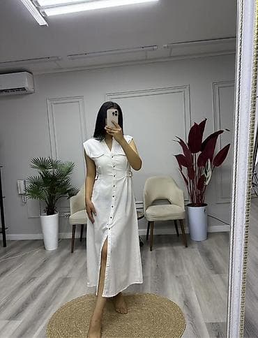 одежда для больших: Повседневное платье, Корея, Лето, Длинная модель, Лен, Платье-рубашка, Стандарт — 3