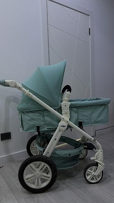 Коляски: Детская коляска Mige 2-в-1 (прогулочный блок и люлька), бирюзовый — 4