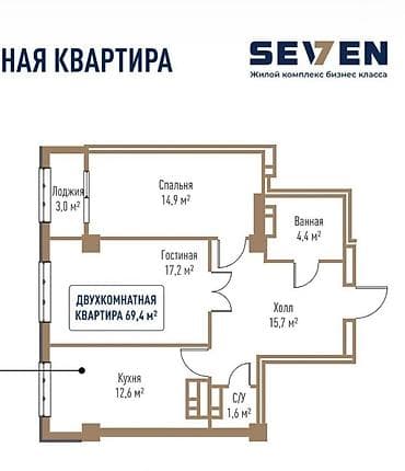 seven: 2 комнаты, 69 м², Элитка, 6 этаж, Готовая ПСО (под самоотделку) — 4