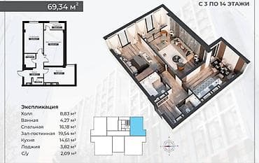 69: 2 комнаты, 69 м², 7 этаж — 5