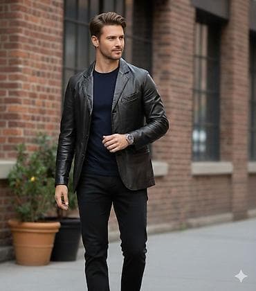 Мужской кожаный пиджак/жакет классического кроя. - Материал: черная