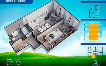 2 комнаты, 52 м², Верхний Джал Элитка, 13 этаж, ПСО (под самоотделку)