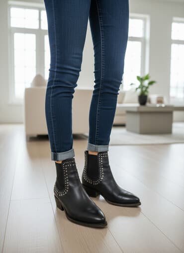 домашный тапочка: Женские кожаные челси с декором - Цвет: темно‑серый/черный - Материал — 2