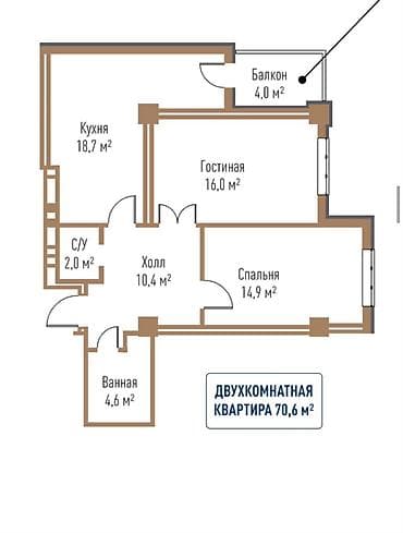 хата 2 комнатная: 2 комнаты, 71 м², Элитка, 10 этаж, Готовая ПСО (под самоотделку) — 1