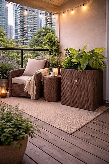 душ поддон: Напольная клумба на каркасе из бруса сосны, оплетенная ротангом. Объем — 4