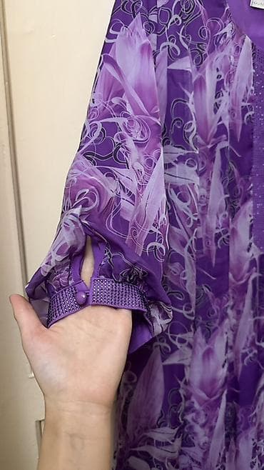 ночной одежда: Платье женское, длинное, сиренево-фиолетовое с абстрактным цветочным — 2