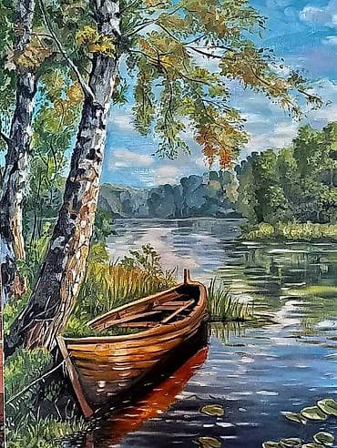 Продам алмазную мозаику. Новую. С изображением : Лодка у озера. И ещё