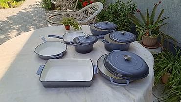 чайник ссср: Набор эмалированной чугунной посуды, графитово‑серого цвета с кремовой — 2