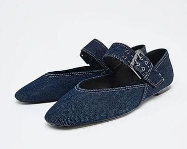 Балетки из денима с ремешком - Материал верха: плотный темно‑синий