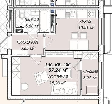Квартиры: 1 комната, 37 м², Элитка, 5 этаж, Готовая ПСО (под самоотделку) — 2
