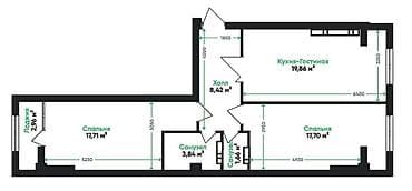 2 комнаты, 72 м², Элитка, 2 этаж, Готовая ПСО (под самоотделку)