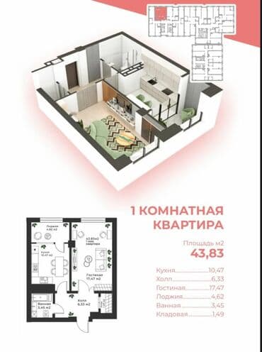 квартира кант продажа: 1 комната, 44 м², Элитка, 3 этаж, ПСО (под самоотделку) — 2