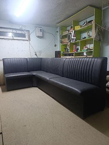 угловой кожаный диван: Кухонный мягкий уголок, Другой материал, цвет - Серый — 7