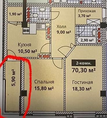 70: 2 комнаты, 70 м², Кок-Жар мкр Элитка, 10 этаж, ПСО (под самоотделку) — 9