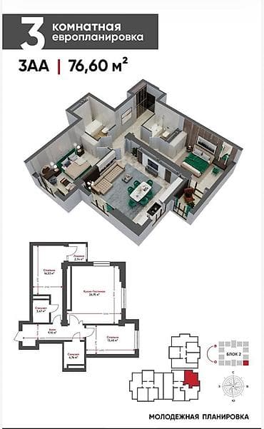 Недвижимость: 3 комнаты, 76 м², Элитка, 13 этаж, Готовая ПСО (под самоотделку) — 2