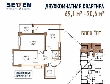 2 комнаты, 69 м², Элитка, 12 этаж, Готовая ПСО (под самоотделку)