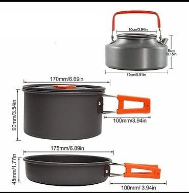 посуда походная: Посуда для кемпинга на 4-5 персон, 12 предметов (казанки, сковородка — 4