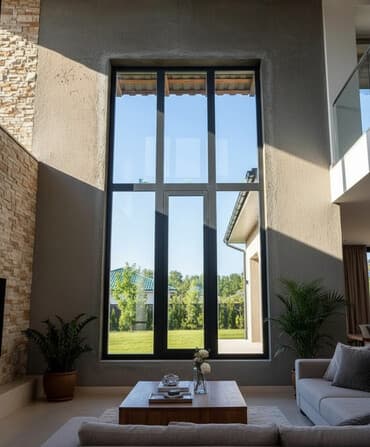 Большое многосекционное окно с прочными рамами темного цвета