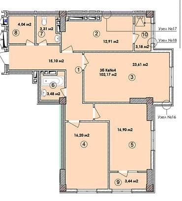 3 комнаты, 102 м², Элитка, 13 этаж