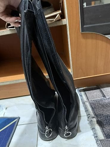 Сапоги: Женские высокие демисезонные сапоги, черные. - Материал: гладкая — 2