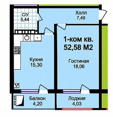 Кыймылсыз мүлк: 1 бөлмө, 52 м², Технопарк 108-серия, 7 кабат, ПСО (өз алдынча бүтүрүү) — 1