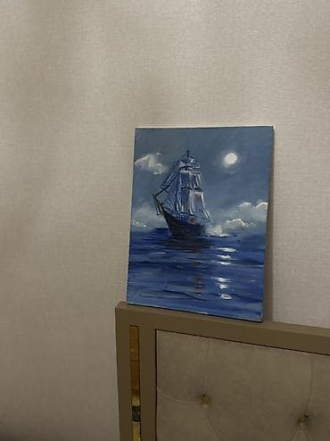 Үй жана бакча: Картина акрилом на холсте: ночное море и парусник при луне. Глубокие — 2