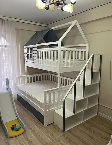 двухъярусная кровать стенка: Двухъярусная детская кровать, МДФ, цвет - Белый — 1