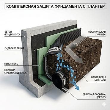 Профилированная дренажно‑защитная мембрана для фундамента (тип