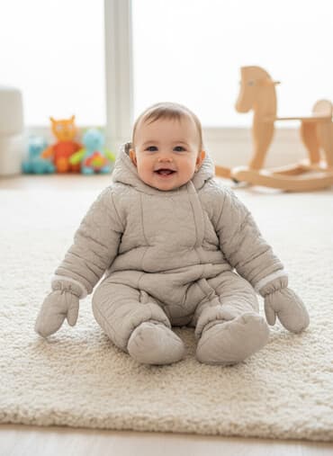 зимний конверт: Тёплый детский комбинезон-конверт с капюшоном и варежками 12-18 — 1