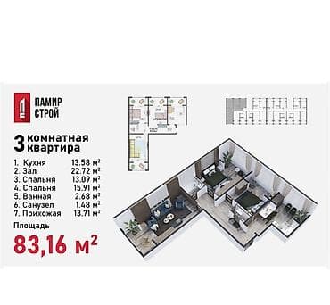 дом м: 3 комнаты, 83 м², Элитка, 9 этаж, Готовая ПСО (под самоотделку) — 1
