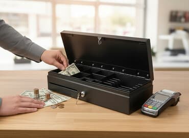 кассовое оборудование для магазина: Денежный ящик вертикальным открыванием (кассовый ящик для денег) — 1