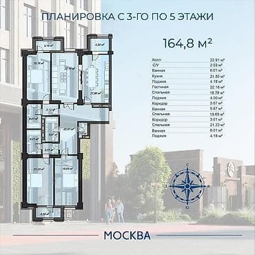Квартиры: 4 комнаты, 164 м², Элитка, 5 этаж, ПСО (под самоотделку) — 2