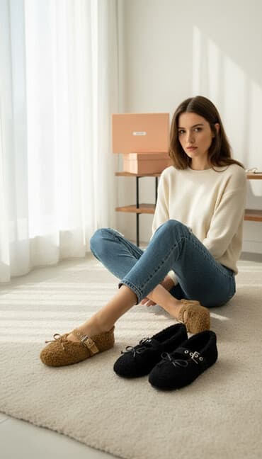 miu: Бархатистые балетки Miu Miu из мягкого «овчинного» материала с кожаной — 1