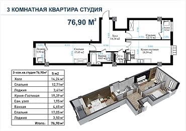 3: 3 комнаты, 77 м², Пишпек Элитка, 14 этаж — 1