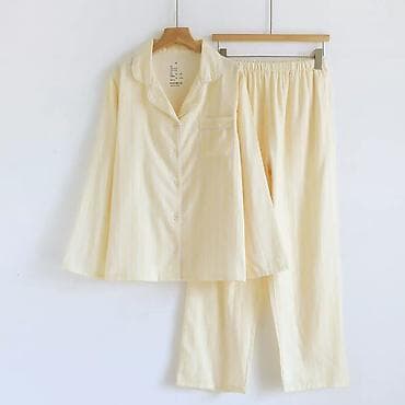 женские пижамы для сна: Пижама, Хлопок, Китай, В полоску, На пуговицах, S, M, L — 5