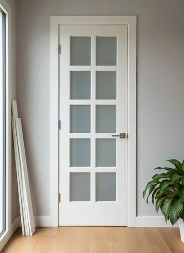 бетонные панели: Межкомнатная дверь, Б/у, Со стеклом, Одностворчатая, Деревянная, Распашная, цвет - Белый — 1