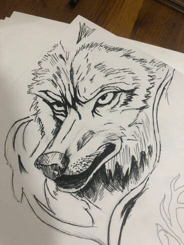 коён сурот жаныбарлар сүрөт тартуу: Эскиз головы волка, выполненный черной ручкой или тонким маркером — 3