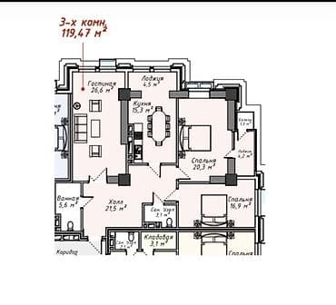 3: 3 комнаты, 119 м², Асанбай мкр Элитка, 13 этаж, ПСО (под самоотделку) — 6