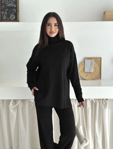 трикотажные брюки: Женский костюм двойка Свитер с высокой горловиной Брюки прямого кроя — 3