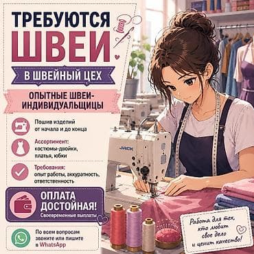 Вакансиялар: Тикмечи, Ар дайым, Түз тигиш тигүүчү машина, Район: Кызыл Аскер, Юбкалар, Төлөм: Жума сайын, Иш тажрыйбасы: 3-5 жылдык тажрыйба — 1
