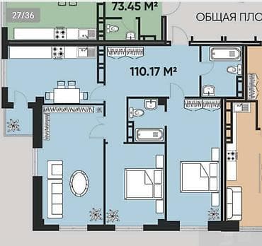 комната гостиного типа: 3 комнаты, 110 м², Элитка, 6 этаж, Готовая ПСО (под самоотделку) — 2