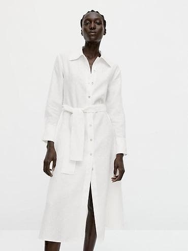 льняной сарафан: MassimoDutti, M, 100% лен, Платье-рубашка белого цвета с поясом - — 4