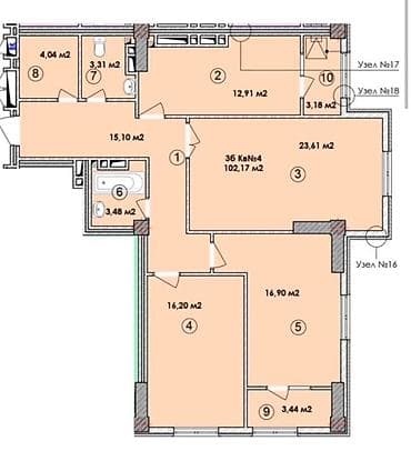 3 комнаты, 102 м², Элитка, 13 этаж, Готовая ПСО (под самоотделку)