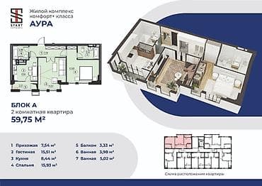 Квартиры: 2 комнаты, 60 м², Аламедин-1 мкр Элитка, 5 этаж, ПСО (под самоотделку) — 3