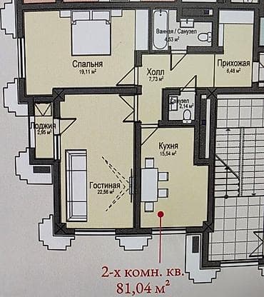 81: 2 комнаты, 81 м², Асанбай мкр Элитка, 6 этаж, ПСО (под самоотделку) — 2