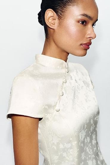 Личные вещи: Мини-платье в стиле ципао из жаккардовой ткани цвета айвори от Zara — 2